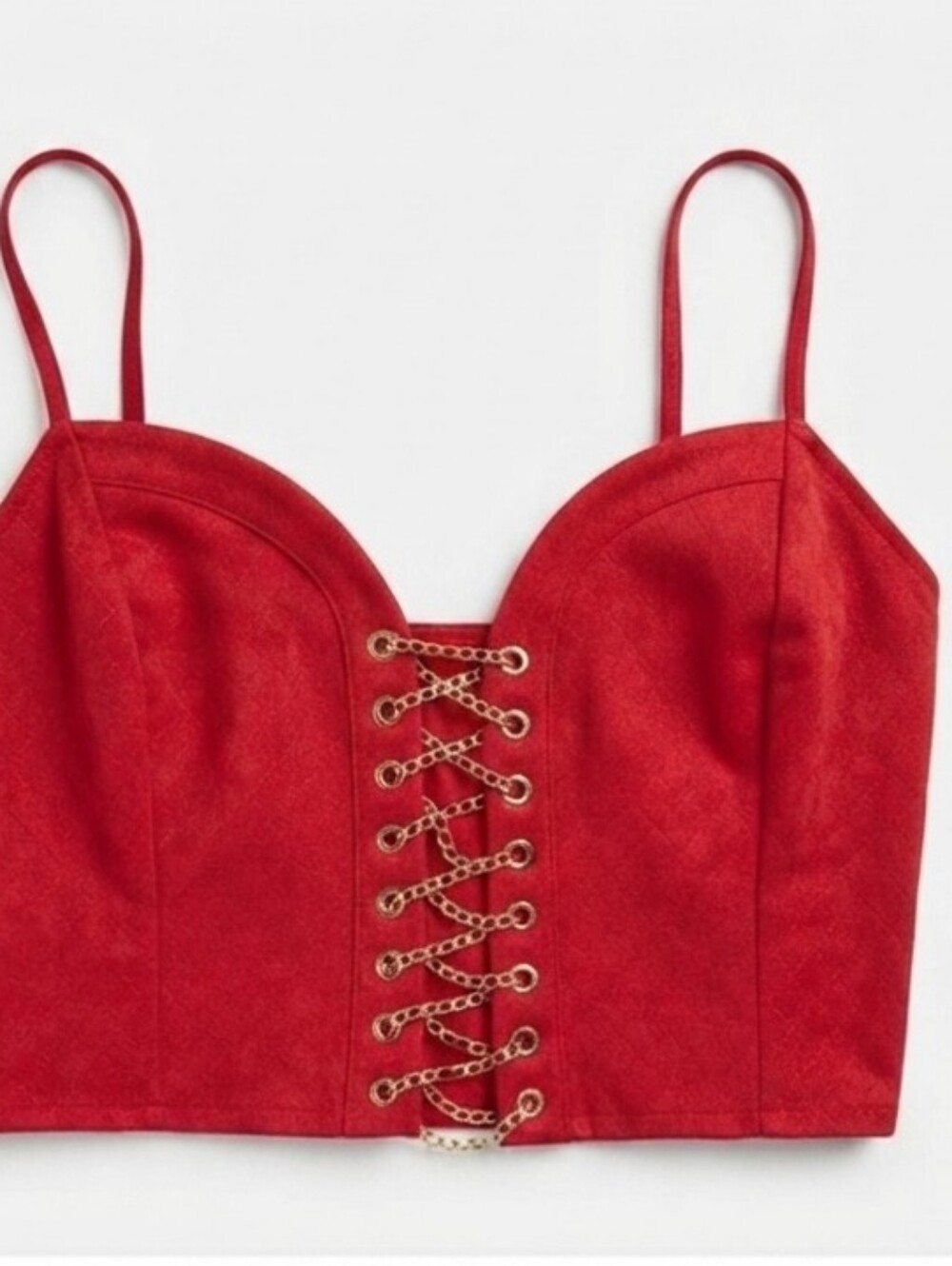 Bebe Josephine Quilted Chain Lace Up Corset Top in Goji Berry Faux Suede Large